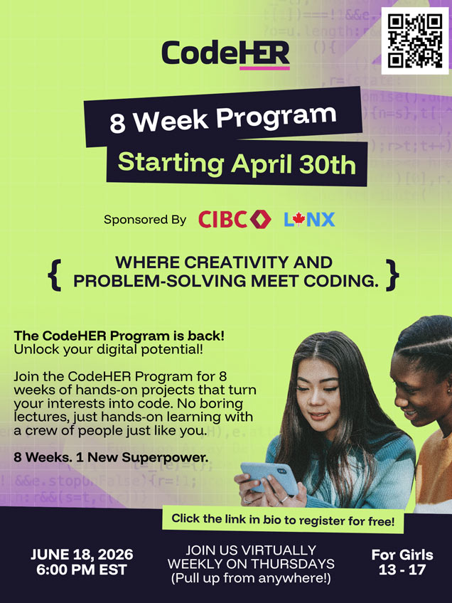 CodeHER 8 Week Program virtual flyer for girls ages 13 to 17 starting June 18, 2026 at 6:00 PM EST