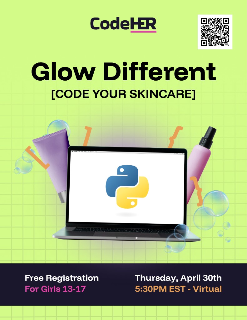 CodeHER: Glow Different, Code Your Skincare virtual event flyer